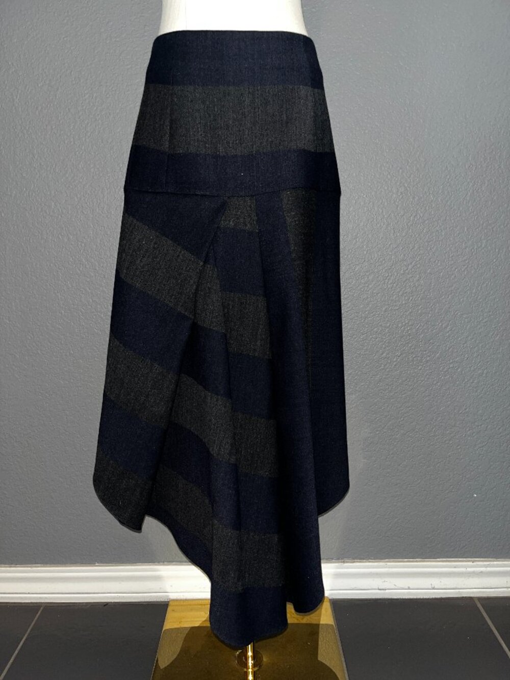 TIBI Horizon Navy & Charcoal Stripe Draped Wool Blend Asymmetric Midi Skirt - 4